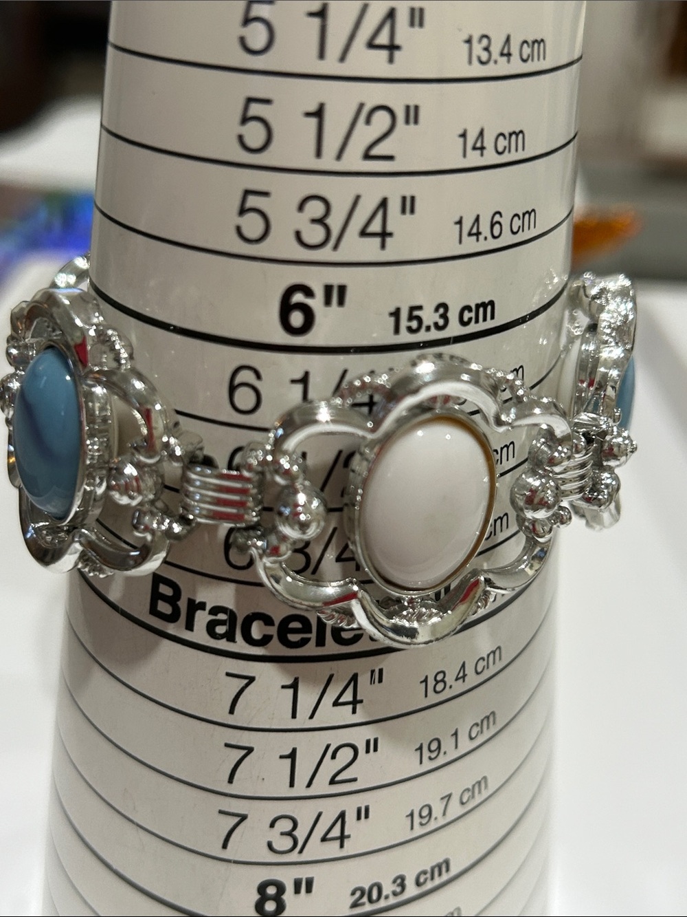 Vintage Silver Tone Bracelet with Blue White Reversible Accents 6.5-6 3/4” - Picture 5 of 5